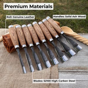 Wood Carving Gouges – Hand-Forged Sharp Carbon Steel Blades, Ergonomic Ash Wood Handles, Leather Roll, Spoon & Bowl Carving Tools image 7
