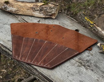 Leather Case for Throwing Knives with 6 Pockets. Genuine Leather Crazy Horse. Universal Case for All Knives. Compact Case for Camping.