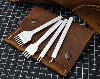 4-Piece Leather Craft Diamond Pricking Iron Set. 1+2+4+6 mm Prongs Diamond Tool Set. Premium Steel, Ergonomic Size, with Leather Case. Gift