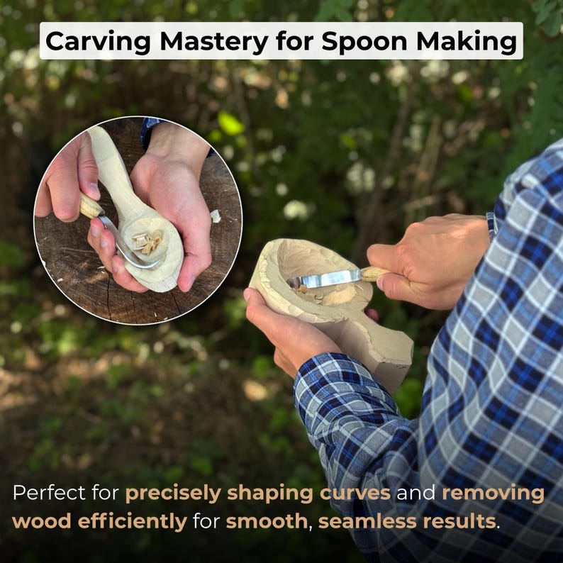 May include: Image of spoon carving in progress. The text "Carving Mastery for Spoon Making" is at the top. The text "Perfect for precisely shaping curves and removing wood efficiently for smooth, seamless results" is at the bottom.