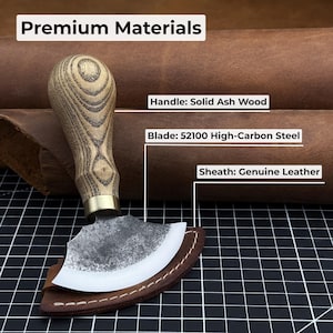 Small Leather Round Knife with Sheath. Razor Sharp Blade. Hand Forged from Hardened Carbon 52100 Steel, Ash Handle. Skiving Knife. Gift. image 7