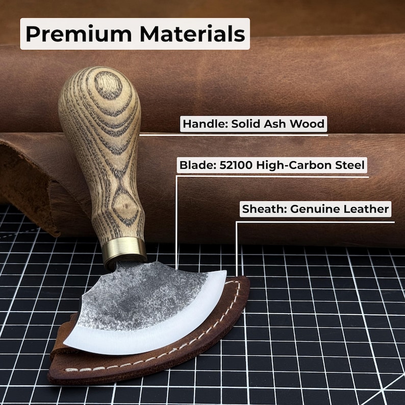 Small Leather Round Knife with Sheath. Razor Sharp Blade. Hand Forged from Hardened Carbon 52100 Steel, Ash Handle. Skiving Knife. Gift. image 7