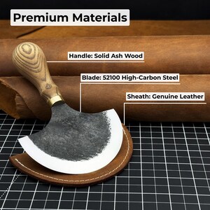 Leather Half Moon Knife. Razor Sharp Blade. Head Knife. Hand Forged from Hardened Carbon 52100 Steel, Ash Wood Handle, with Leather Sheath image 7