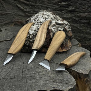 Set 4 PCS Knife for Detailed Carving. Sharp Carbon Steel Blades, Ash Wood Handles. Forged Whittling Knives. Beginners Tools for Wood Carving