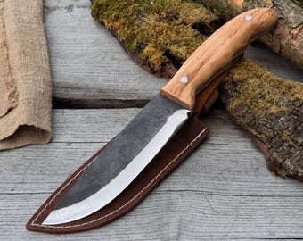 Bushcraft Knife – Full Tang Fixed Blade in 52100 Carbon Steel, Ash Handle, Crazy Horse Leather Sheath – Survival & Outdoor Knife