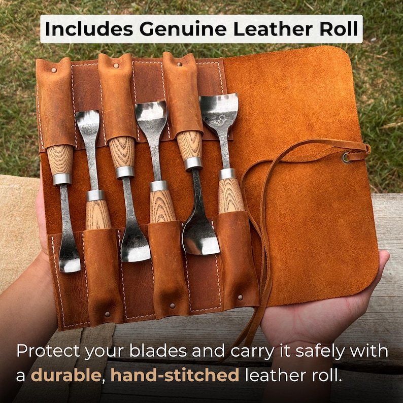 May include: A brown leather roll with six carving tools. The tools have wooden handles and metal blades. The roll is hand-stitched and includes the text "Includes Genuine Leather Roll" and "Protect your blades and carry it safely with a durable, hand-stitched leather roll."