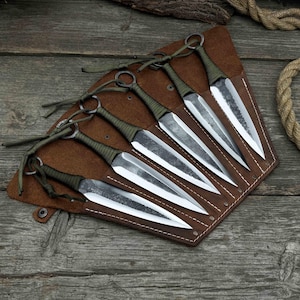 6-Piece Throwing Knife Set for Outdoor Recreation. Carbon Steel Blades, Handles Wrapped With Paracord, Leather Sheath. Forged Camping Knives