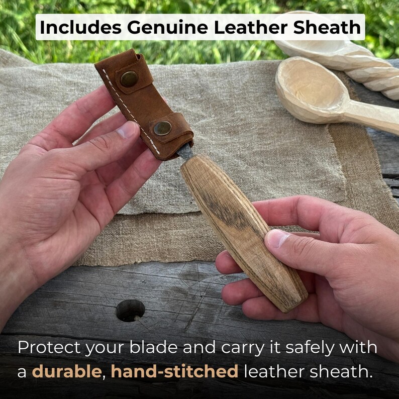 Hand Forged Hook Knife for Spoon Carving. Sharp Carbon Steel Blade, Ash Wood Handle, Leather Sheath. Beginners Knife for Wood Carving. image 4