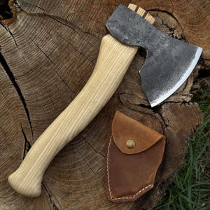 Wood Carving Ax. Sharp Blade. Hand Forged from Hardened Carbon 52100 Steel, Ergonomic Handle, with Leather Sheath. Spoons, Bowls Carving