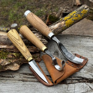 3-Piece Spoon Carving Tool Set – Hand Forged 52100 Carbon Blades, Ash Handles – Wood Carving Tools for Beginners.