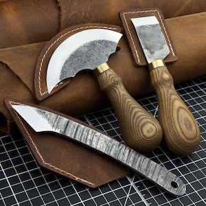 3-Piece Forged Leather Knife Set. 52100 Carbon Steel Blades, Ash Wood Handles, Leather Sheaths. Skiving Knives. Knives for Leatherworking.