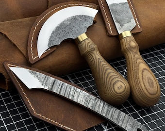 3-Piece Leather Knife Set, Hand Forged 52100 Carbon Steel, Skiving Knives, Leatherworking Tools