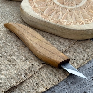 Detail Carving Knife for Wood Projects. Sharp Carbon Steel Blade, Ash Wood Handle. Forged Knife for Geometric Carving. Wood Carving Knife.