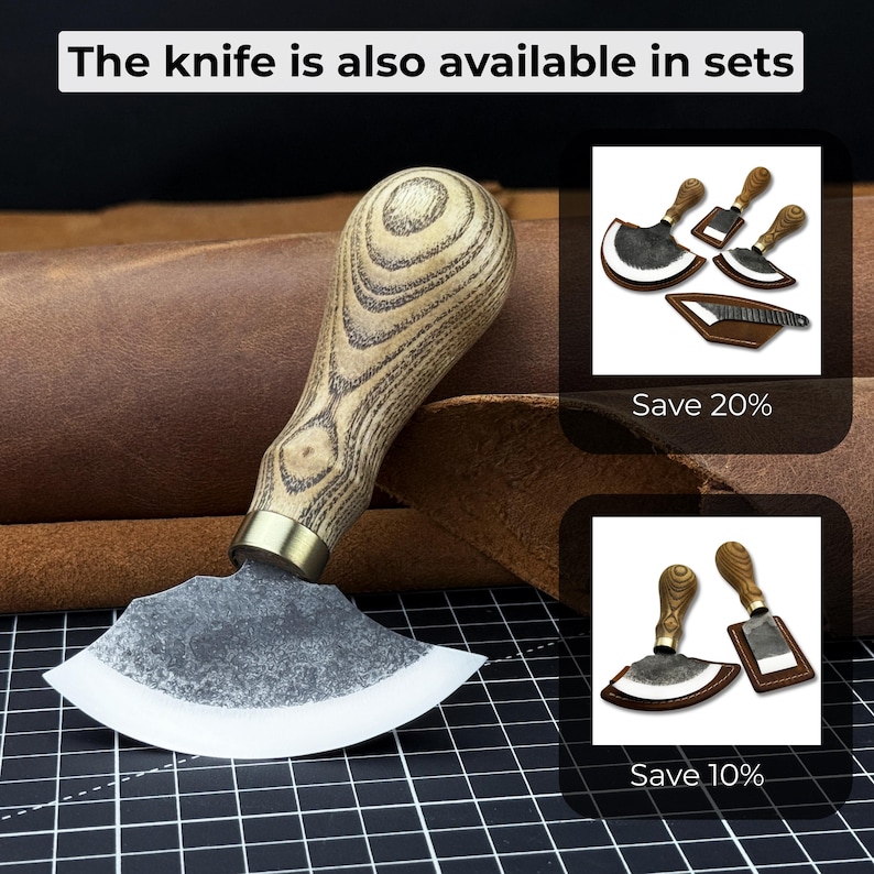 Small Leather Round Knife with Sheath. Razor Sharp Blade. Hand Forged from Hardened Carbon 52100 Steel, Ash Handle. Skiving Knife. Gift. image 10