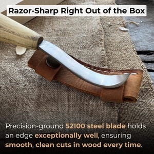May include: A wood carving knife with a curved, stainless steel blade and a light-colored wooden handle. The knife is in a brown leather sheath. Text on the image reads "Razor-Sharp Right Out of the Box."