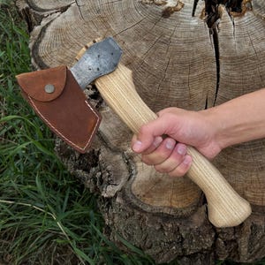 Small Carving Axe. Razor Sharp Blade. Hand Forged from Hardened Carbon 52100 Steel, Ash Wood Handle, with Sheath. Spoons, Bowls, Carving Ax.
