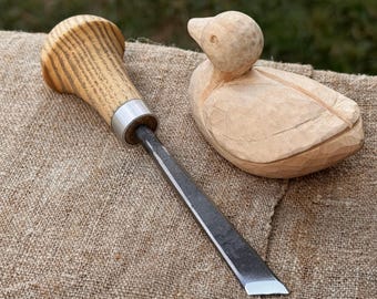 Bevel Chisel Oblique with Palm Handle. Sharp Carbon Steel Blade, Ash Wood Handle. Wood Carving Small Chisel. Forged Tool for Detail Carving.