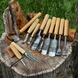 Hand Forged 11-Piece Spoon Carving Set, 52100 Carbon Steel, Ash Wood, Tools for Woodworking