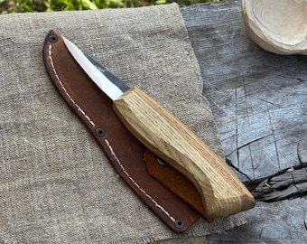 Wood Carving Sloyd Knife. Razor Sharp blade. Hand Forged from Hardened Carbon 52100 Steel, Ash Wood Handle, with Sheath. Whittling Knife.