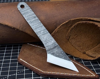 Hand-Forged Kiridashi Knife for Cutting Tasks. Sharp Carbon Steel Blade, Leather Sheath. Japanese Style Knife. Single-edged Kiridashi Knife.