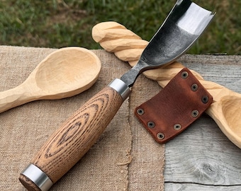 Bent Gouge - 52100 Carbon Steel Blade, Ash Handle, Leather Sheath. Hand-Forged Tool for Carving Spoons, Bowls. Curved Gouge for Beginners.