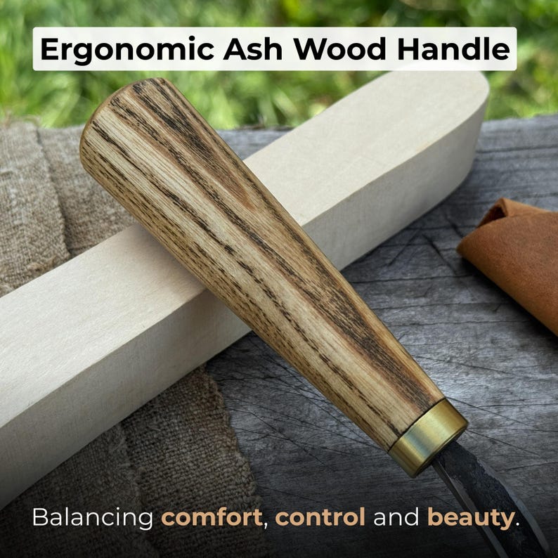 Forged Hook Knife for Wood Carving. Sharp Carbon Steel Blade, Ash Wood Handle, Leather Sheath. Beginners Knife for Carving Spoons, Bowls. image 3