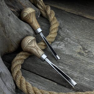 Set of 2 Small V-Parting Chisels. 52100 Carbon Steel Blades, Ash Wood Handles. Forged Wood Carving Chisels. Chisels for Sculptural Carving.