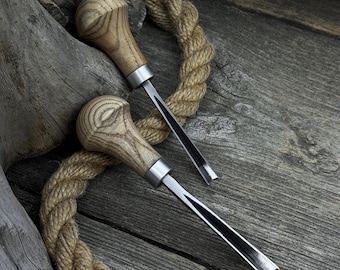 Small V-Parting Chisels. 52100 Carbon Steel Blades, Ash Wood Handles. Forged Wood Carving Chisels. Chisels for Sculptural Carving.