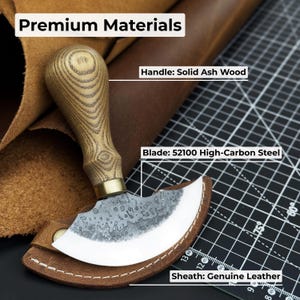 Ledermesser Rund. Rasiermesserscharfe Klinge. Halbmond Messer. Handgeschmiedet aus gehärtetem Carbon 52100 Stahl, ergonomischer Griff, mit Lederscheide Bild 7