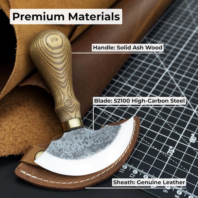 Ledermesser Rund. Rasiermesserscharfe Klinge. Halbmond Messer. Handgeschmiedet aus gehärtetem Carbon 52100 Stahl, ergonomischer Griff, mit Lederscheide Bild 7