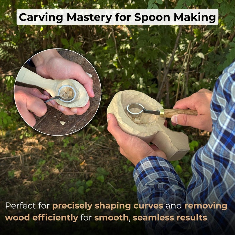 May include: Image of a person carving a wooden spoon with a specialized carving tool. The image includes the text "Carving Mastery for Spoon Making" and "Perfect for precisely shaping curves and removing wood efficiently for smooth, seamless results."