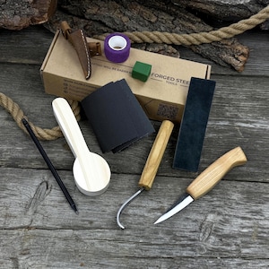 Spoon Carving Set For Hobby. Wood Carving Kit. Sharp Hand Forged Carving Steel Knife, Ergonomic Handle. Wood Carving Beginners Kit. Gift Men