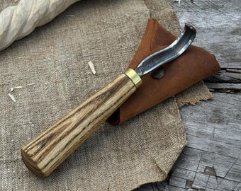 Hand Forged Hook Knife – Carbon Steel Blade, Ash Handle, Leather Sheath. Beginner Spoon and Bowl Carving Tool for Woodworking and Green Wood