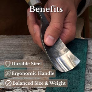 May include: A curved steel leather skiving knife with a wooden handle. The image includes the text: Benefits, Durable Steel, Ergonomic Handle, and Balanced Size & Weight. The tool is positioned over a strip of dark green textured leather.