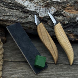 2 PCS Wood Carving Knife Set with Leather Strop. Sharp Carbon Steel Blades, Ash Wood Handles. Hand-Forged Spoon Carving Knives. Woodworking