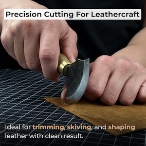 Small Leather Round Knife with Sheath. Razor Sharp Blade. Hand Forged from Hardened Carbon 52100 Steel, Ash Handle. Skiving Knife. Gift. image 2