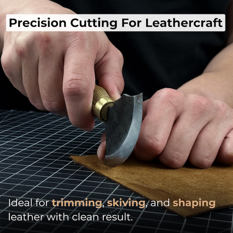 Small Leather Round Knife with Sheath. Razor Sharp Blade. Hand Forged from Hardened Carbon 52100 Steel, Ash Handle. Skiving Knife. Gift. image 2