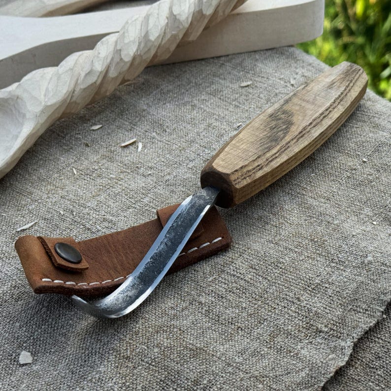 Hand Forged Hook Knife for Spoon Carving. Sharp Carbon Steel Blade, Ash Wood Handle, Leather Sheath. Beginners Knife for Wood Carving. image 1