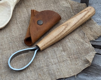 Spoon Carving Scorp Knife – Hand Forged 52100 Carbon Steel Blade, Razor Sharp Edge, Ash Wood Handle, Leather Sheath. Knife for Wood Carving.