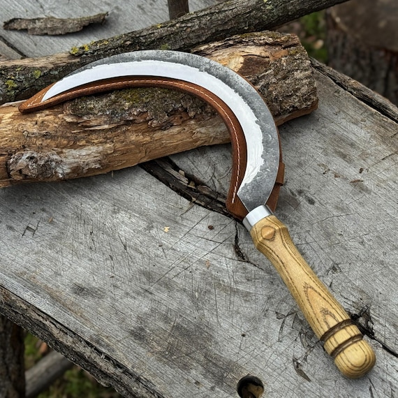 Hand Forged Large Garden Sickle – 52100 Carbon Steel Blade, Ash