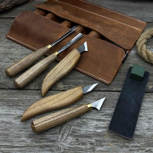 Carving Tool Set 5-Piece with Sharpening Board. 52100 Carbon Steel Blades, Ash Wood Handles, Leather Sheath. Beginner Tools for Wood Carving