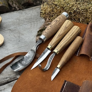 Hand Forged 4-Piece Bowl Carving Tool Set, 52100 Carbon Steel, Ash Wood