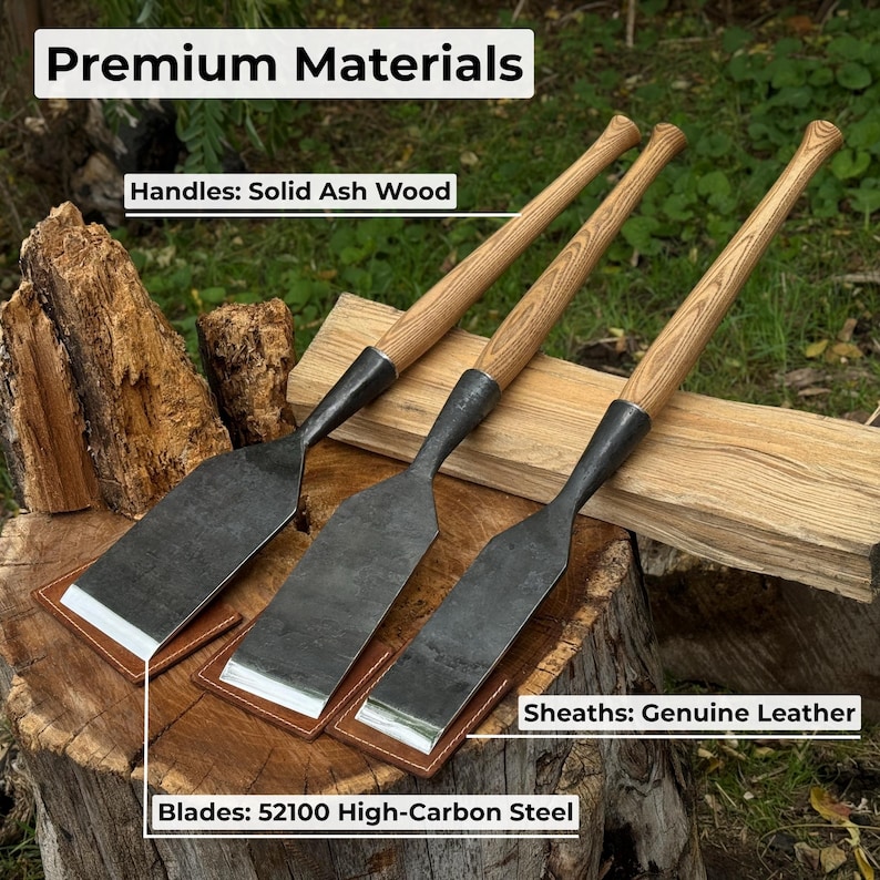 Chisel set on a workbench with labeled materials, 52100 carbon steel blades, ash handles, leather sheaths