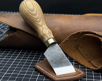 Beveled Skiving Knife. Razor Sharp Blade. Leather Japanese Knife. Hand Forged from Hardened Carbon 52100 Steel, Ash Handle, with Sheath.