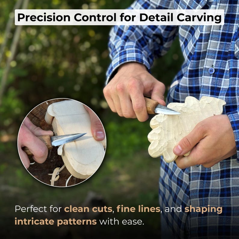 Craftsman carving a wooden figurine outdoors using wood carving knife, showing sharp clean cuts and precision for detailed work.