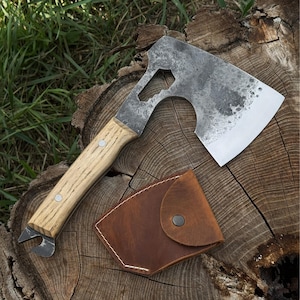 Forged Flat Hatchet. Razor Sharp Carbon 52100 Steel Blade, Ash Handle, Leather Sheath. Camping and Bushcraft Axe for Wood Splitting Tasks