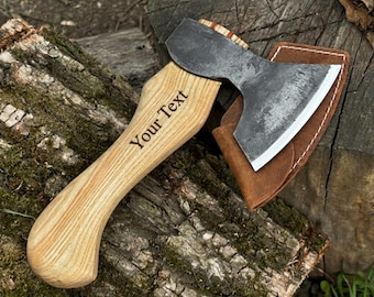 Personalized Small Wood Carving Axe, Hand Forged Carbon Steel Blade, Ash Handle, Leather Sheath