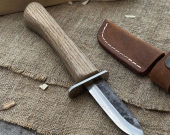 Safety Knife for Woodcarving Beginners. Forged Carbon 52100 Steel Blade. Ash Handle. Leather Sheath. Carving Knife for Children’s Whittling