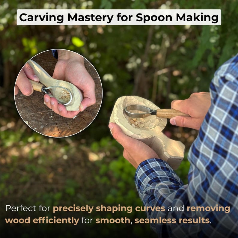 May include: A close-up of a person carving a wooden spoon with a specialized carving tool. The text "Carving Mastery for Spoon Making" is at the top. The text "Perfect for precisely shaping curves and removing wood efficiently for smooth, seamless results" is at the bottom.