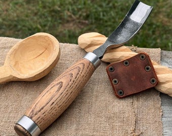 Forged Bent Gouge for Wood Carving. Sharp Carbon Steel Blade, Ash Handle, Leather Sheath. Gouge Tool for Spoon, Bowl and Sculptural Woodwork